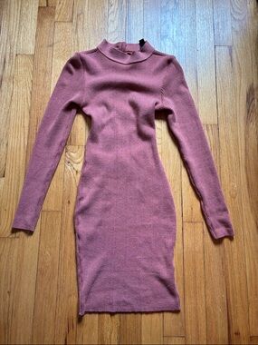 Windsor Ribbed Knit Long Sleeve Open Back Mini Dress in Dusty Rose